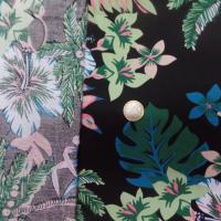 Coton popeline noire imprime hawaien ton vert blanc bleu