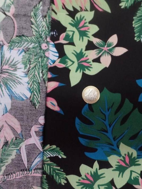 Coton popeline noire imprime hawaien ton vert blanc bleu
