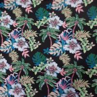 Coton popeline noire imprime hawaien ton vert blanc bleu