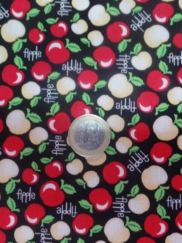 coton tissu popeline noire imprimé liberty motifs petite pomme  rouge