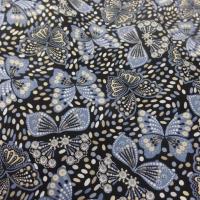 Coton popeline noire imprimé liberty papillon beige ,bleu et blanc
