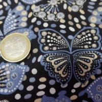 Coton popeline noire imprimé liberty papillon beige bleu et blanc pas cher