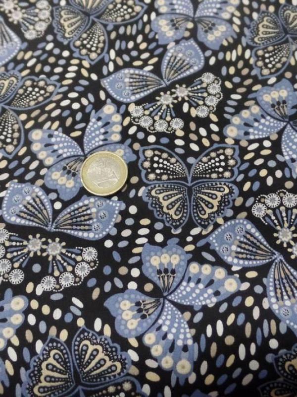 Coton popeline noire imprimé liberty papillon beige ,bleu et blanc