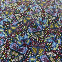 Coton popeline noire imprime liberty papillon jaune bleu rouge