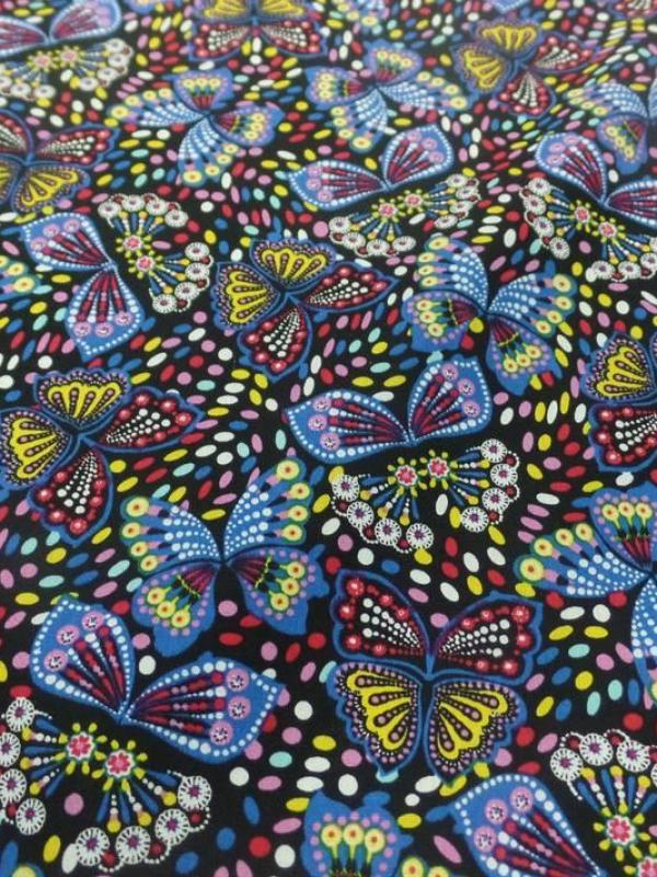 Coton popeline noire imprime liberty papillon jaune bleu rouge