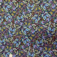 Coton popeline noire imprime liberty papillon jaune bleu rouge