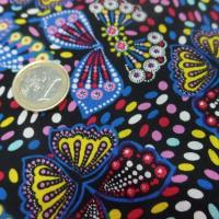 Coton popeline noire imprime liberty papillon jaune bleu rouge