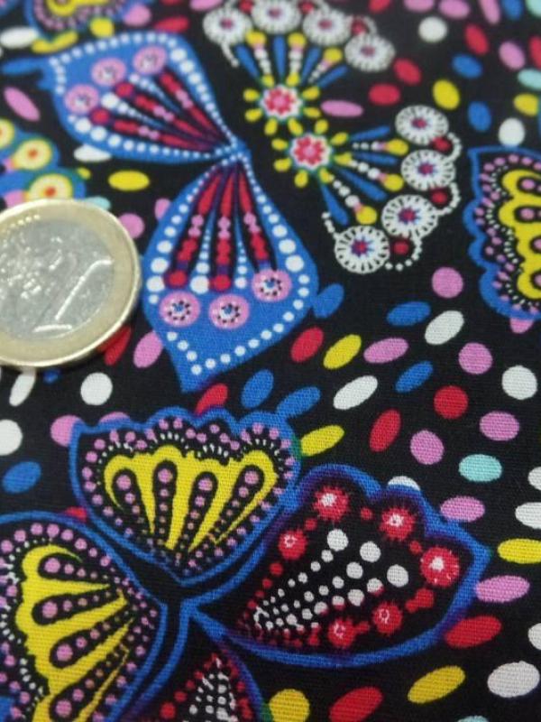 Coton popeline noire imprime liberty papillon jaune bleu rouge