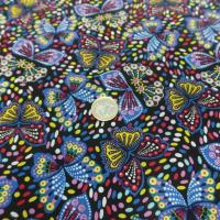 Coton popeline noire imprime liberty papillon jaune bleu rouge