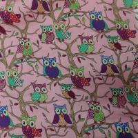 coton popeline rose imprimé hiboux anis ,vert ,bordeaux ,bleu vente en ligne