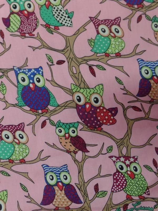 coton popeline rose imprimé hiboux anis ,vert ,bordeaux ,bleu