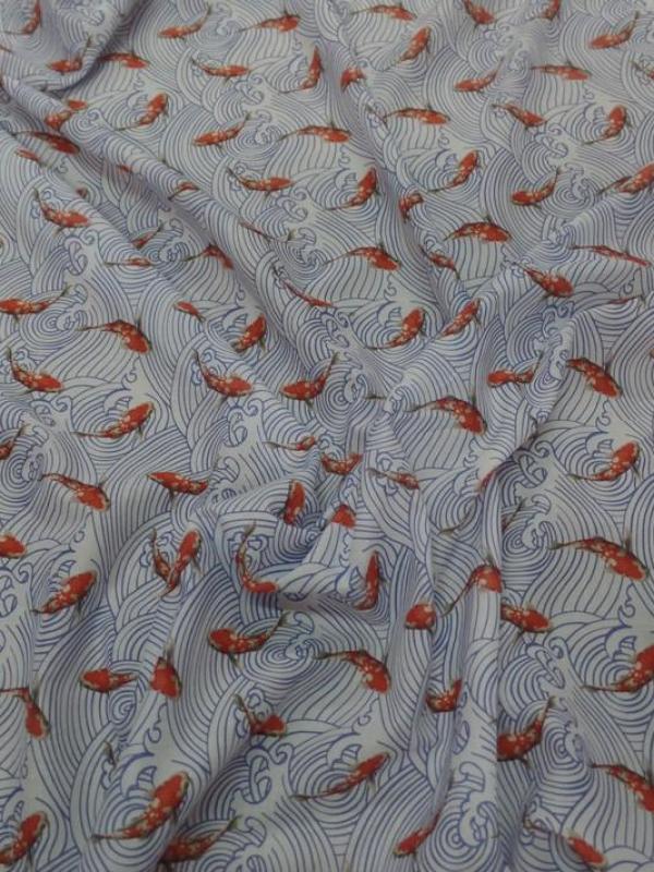 Coton tres fin blanc et bleu imprime carpe koiorange