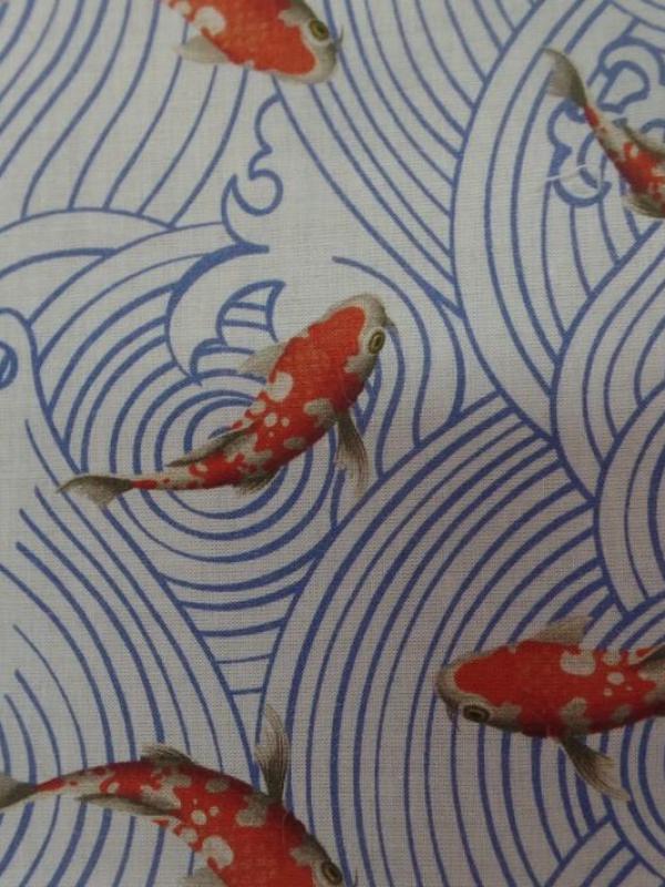 Coton tres fin blanc et bleu imprime carpe koiorange