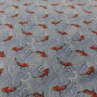 voile de Coton très fin blanc et bleu imprimé carpe koi orange