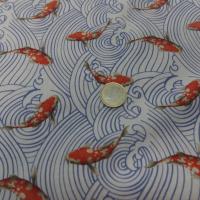 tissu Coton très fin blanc et bleu imprimé carpe koi orange