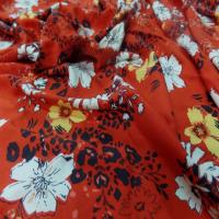 Coupon de viscose rouge imprime fleurs noir blanc et jaune safran 2 20m0
