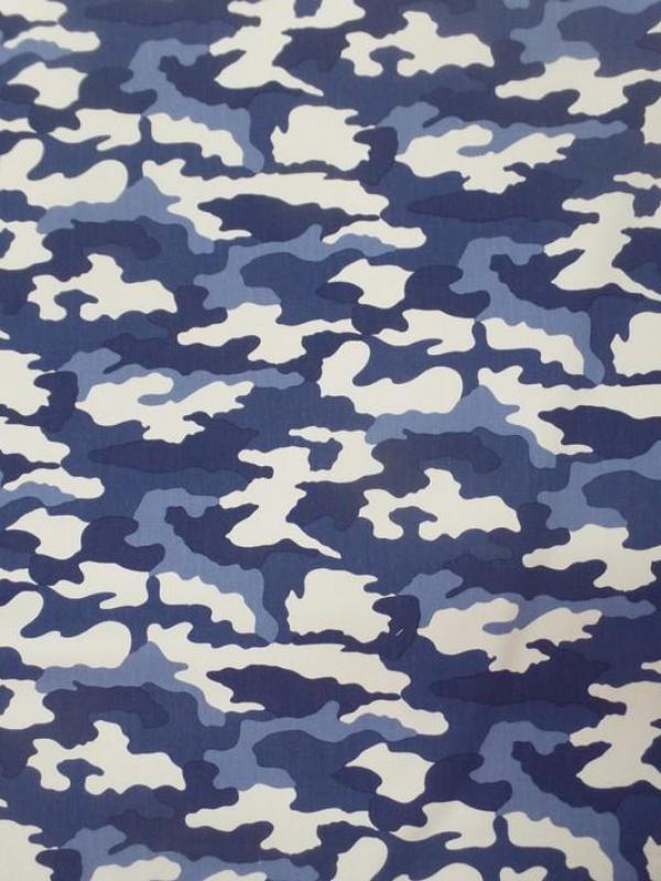tissu Gabardine coton fine imprime camouflage bleu et blanc