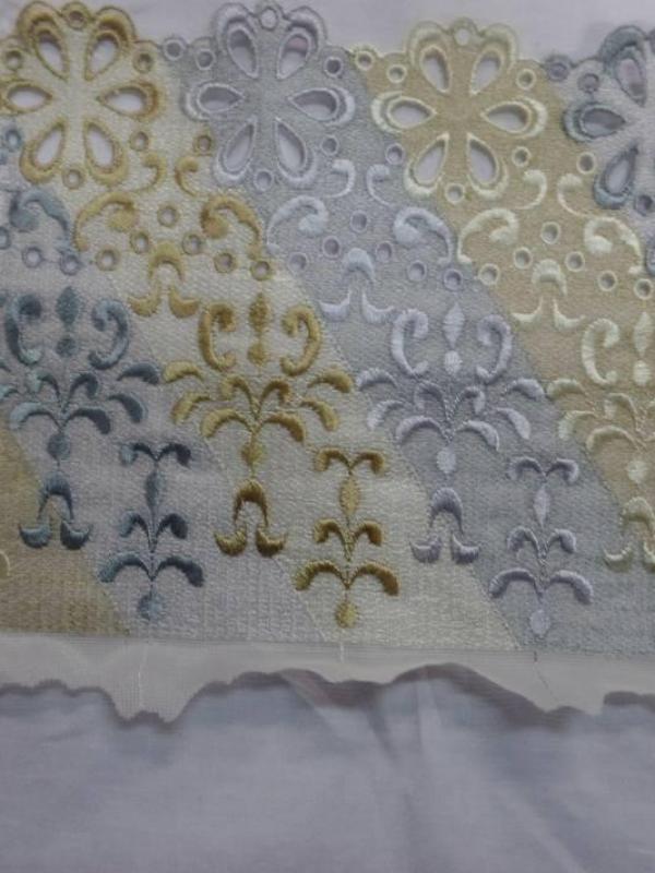 Galon de dentelle ton dore et gris metal