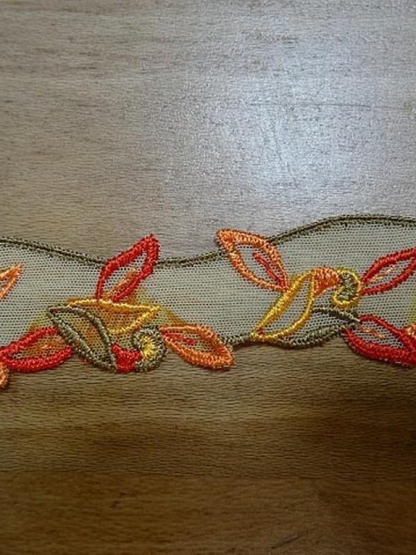 Galon de résille brode feuillages ton kaki orange rouge en 2 6m