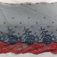Galon de resille dentelle bleu canard et rouge vermillon en 24 cm de large