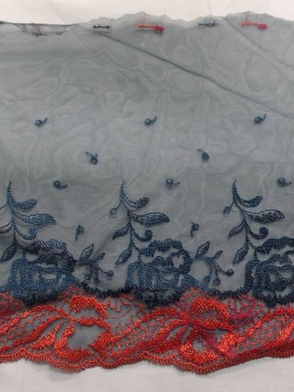 Galon de resille dentelle bleu canard et rouge vermillon en 24 cm de large