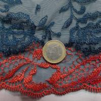 vent de Galon de résille dentelle bleu canard et rouge vermillon en 24 cm de large