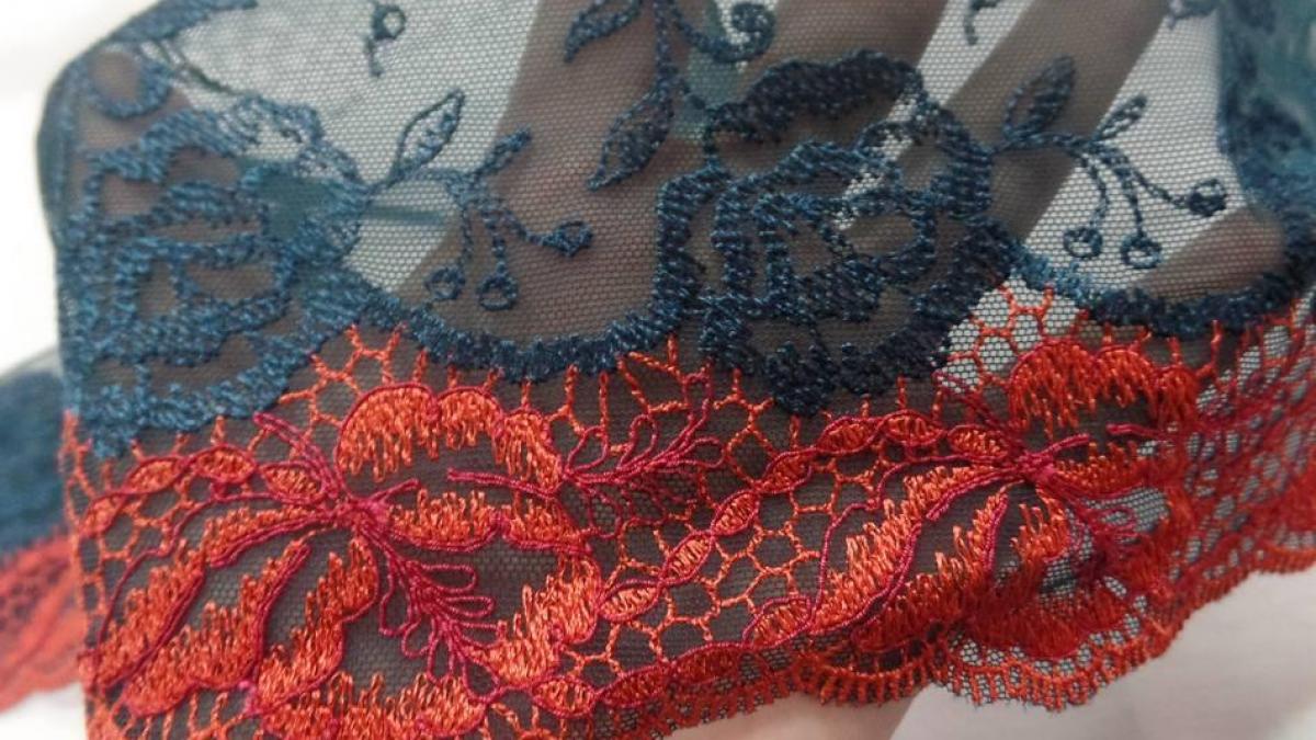 Galon de résille dentelle bleu canard et rouge vermillon en 24 cm de large