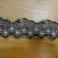 Galon de résille dentelle noire brodée motifs marguerites ton anis et blanc