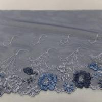 Galon de resille dentelle gris bleu brode blanc bleu