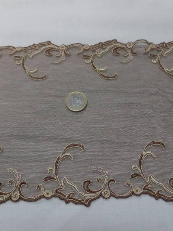 Galon de résille dentelle marron brodé ton doré  en 18cm
