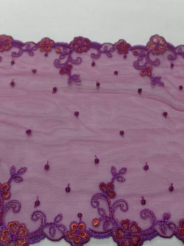 Galon de resille prune brode fleurs en 19cm