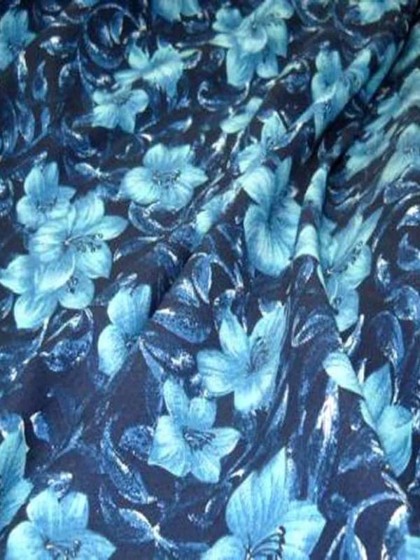 Lin coton imprime fleurs ton bleu