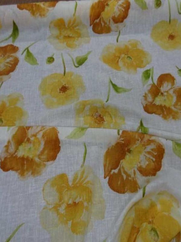 Lin fin blanc imprime fleurs safran jaune