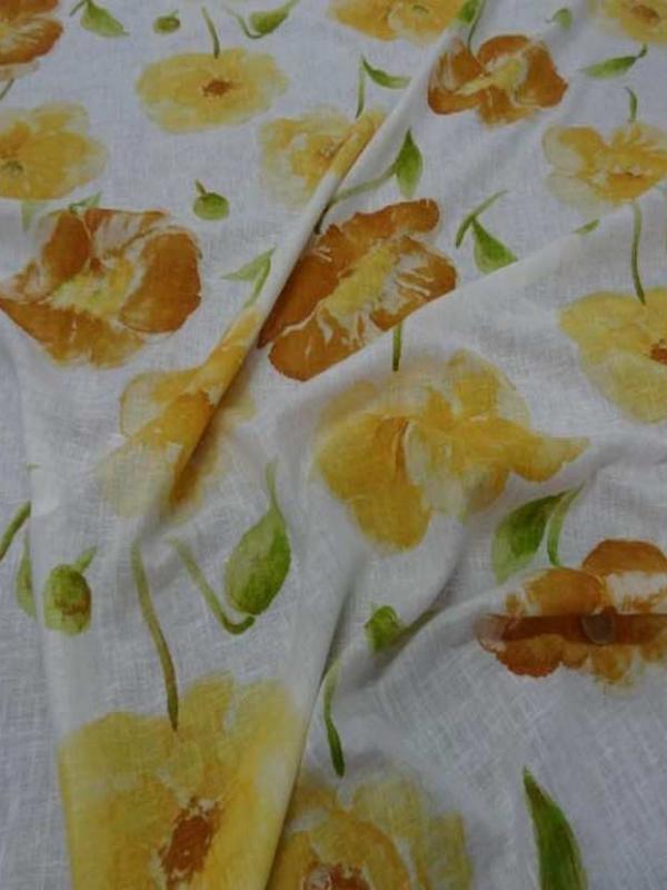 Lin fin blanc imprime fleurs safran jaune