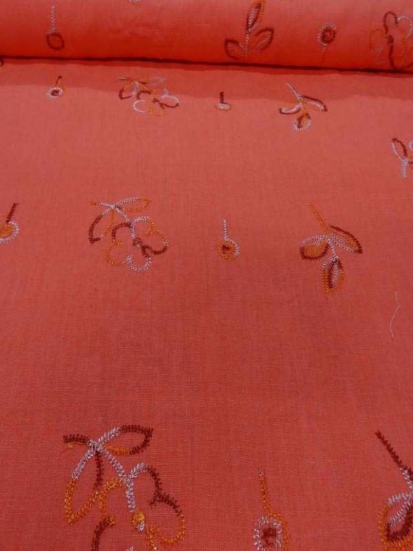 Lin orange brode motifs fleurs