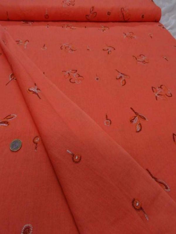Lin orange brode motifs fleurs