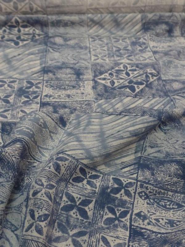 tissu Lin viscose bleu blanc casse imprimé carreaux fleurs