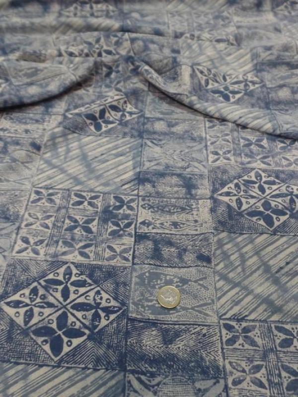 tissu Lin viscose bleu blanc casse imprimé carreaux fleurs