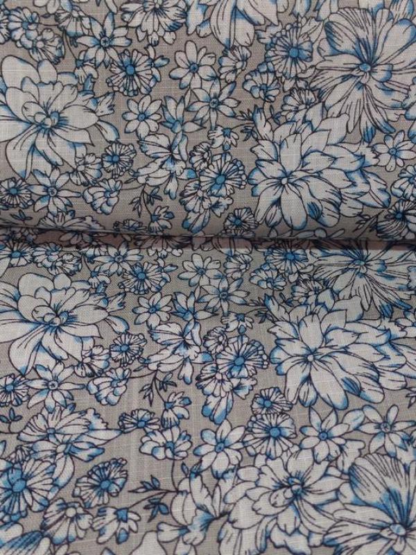 Lin viscose imprime gris blanc bleu