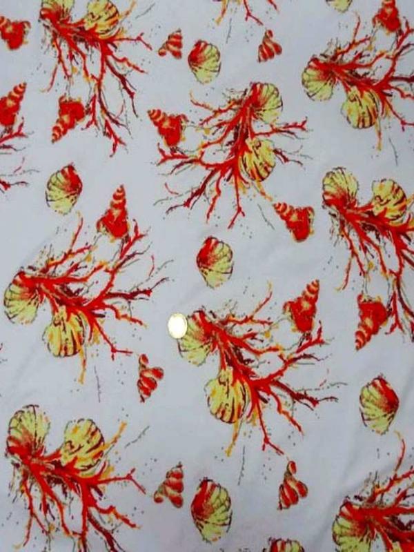 Lycra blanc imprimé coquillage corail lurex