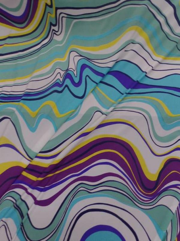 Lycra imprime annee 70 ton blanc bleu jaune et viole5