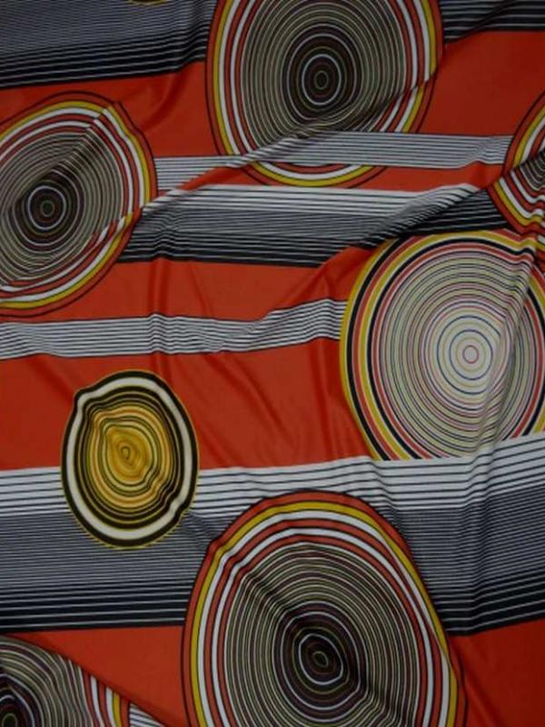 Lycra imprime annee 70 ton orange rouille jaune blanc noir
