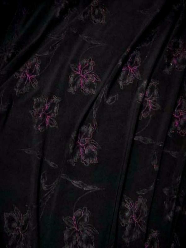 Lycra noir faconne fleurs lurex rose