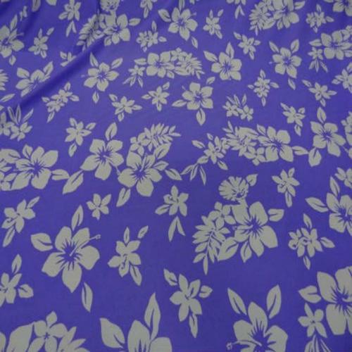 étoffe lycra maillot de bain extensible dans les 2 sens imprimé hawaïen ton lavande et blanc