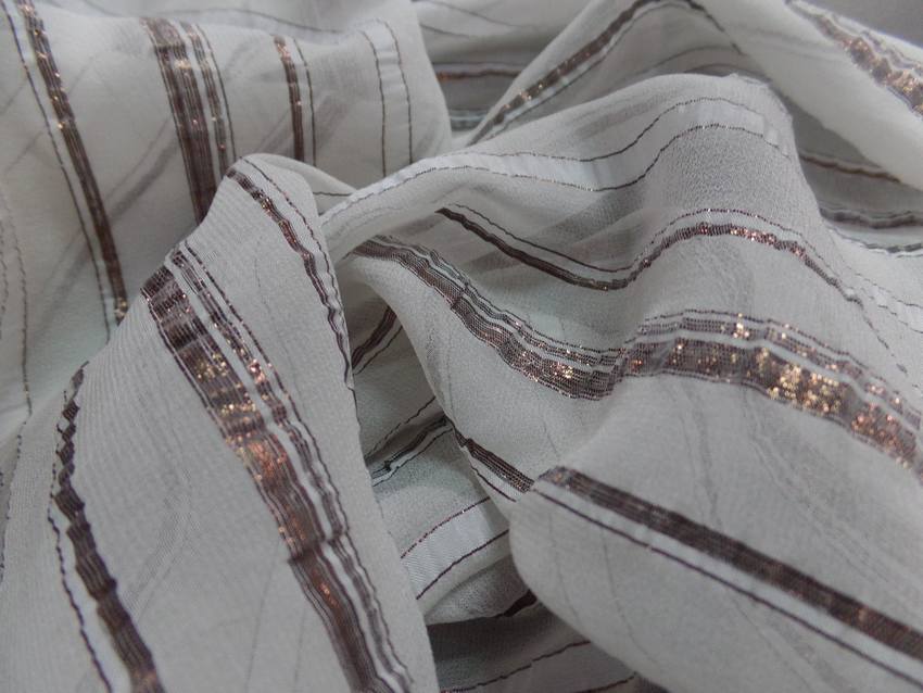achat Mousseline de soie blanche façonné bandes lurex cuivre