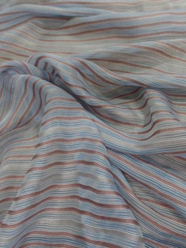 Mousseline de soie bleu a rayures gris marron