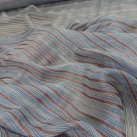 Mousseline de soie bleu a rayures gris marron0