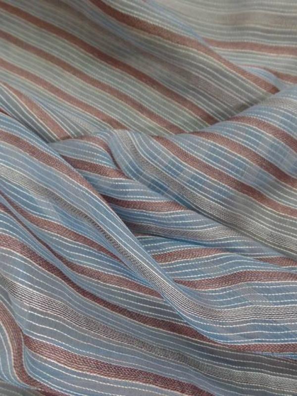 Mousseline de soie bleu a rayures gris marron