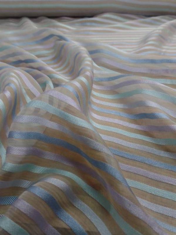 Mousseline de soie ecrue faconne bande ton bleu et mauve6