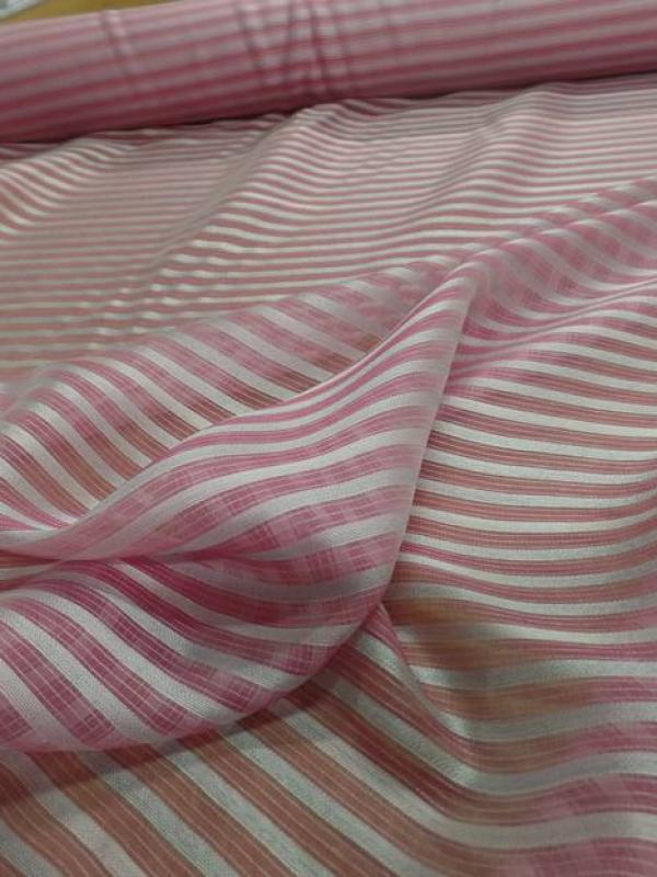 Mousseline de soie rose faconne rayures blanche